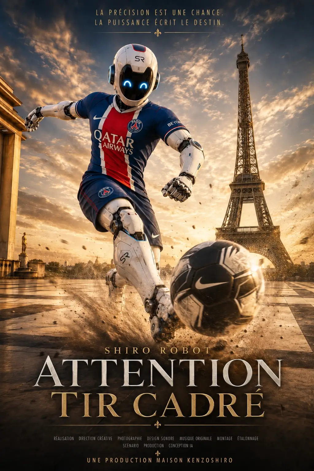 Affiche publicitaire avec un robot joueur de football devant la tour Eiffel